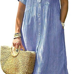 Women's Boho Striped Shirt Dress Button Up Side Slit Loose Mid Long Cotton Dress